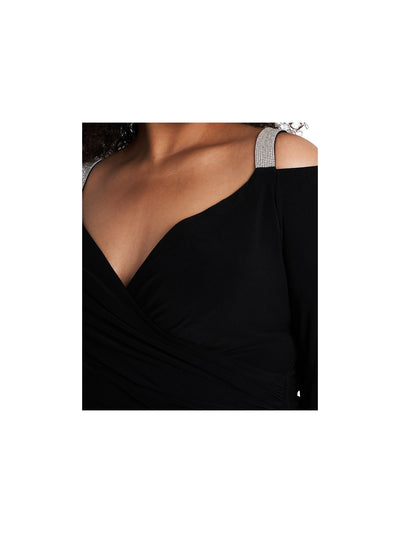 MSK Womens Black Cold Shoulder Embellished Slitted Zippered 3/4 Sleeve V Neck Maxi Formal Dress Plus 24W