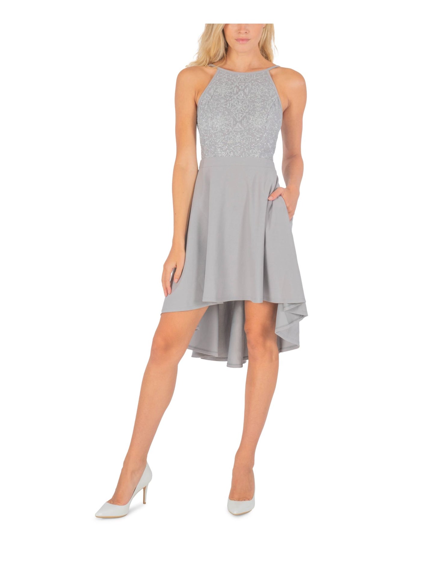 SPEECHLESS Womens Silver Lace Glitter Zippered Sleeveless Halter Knee Length Cocktail Hi-Lo Dress 7