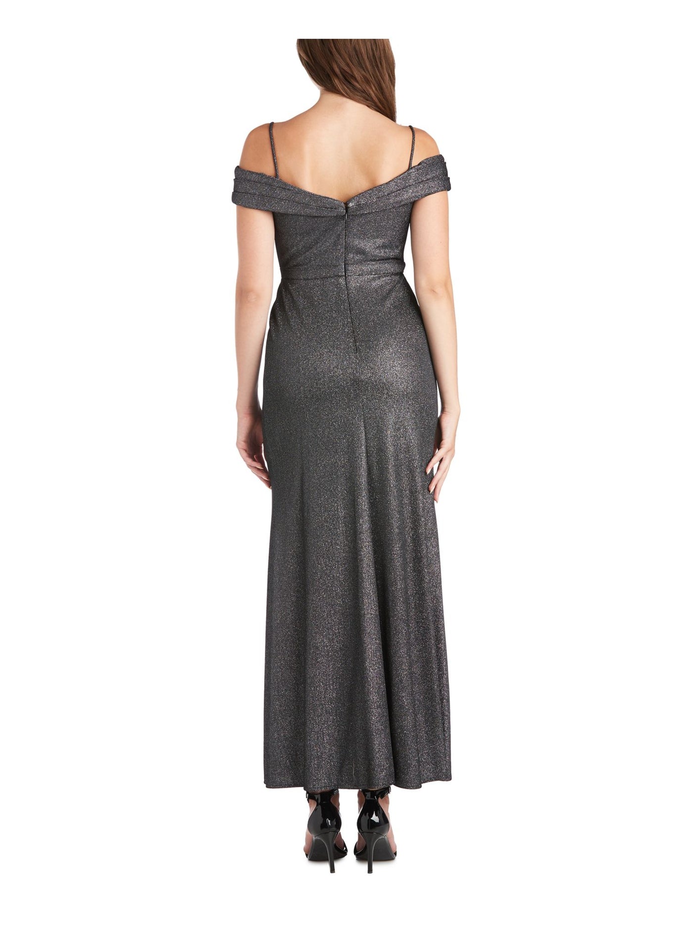 MORGAN & CO Womens Gray Slitted Glitter Sleeveless Off Shoulder Full-Length Formal Sheath Dress 11