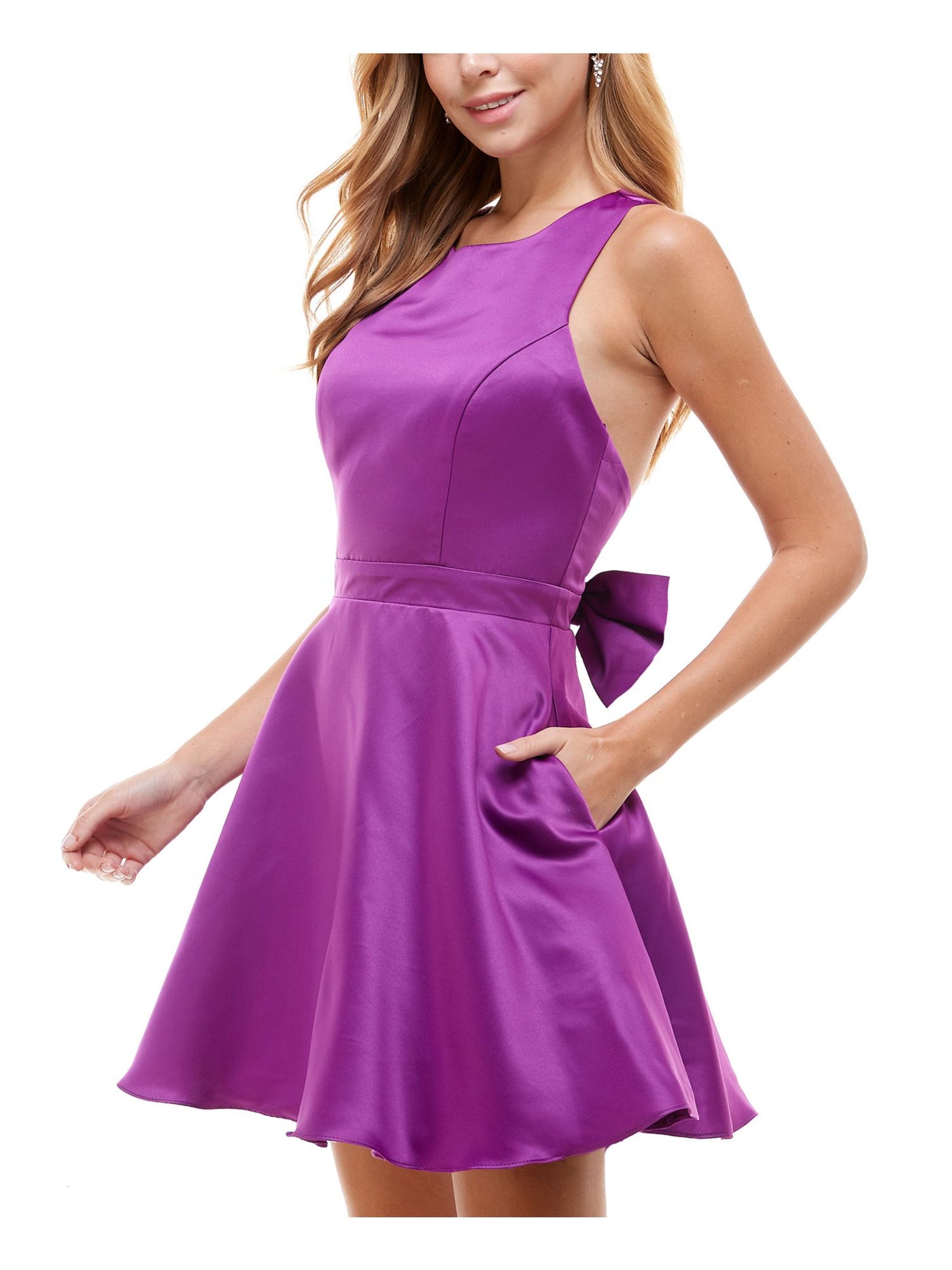 XSCAPE Womens Purple Zippered Pocketed Tulle Padded Bust Bow Back Sleeveless Crew Neck Short Party Fit + Flare Dress Juniors 0