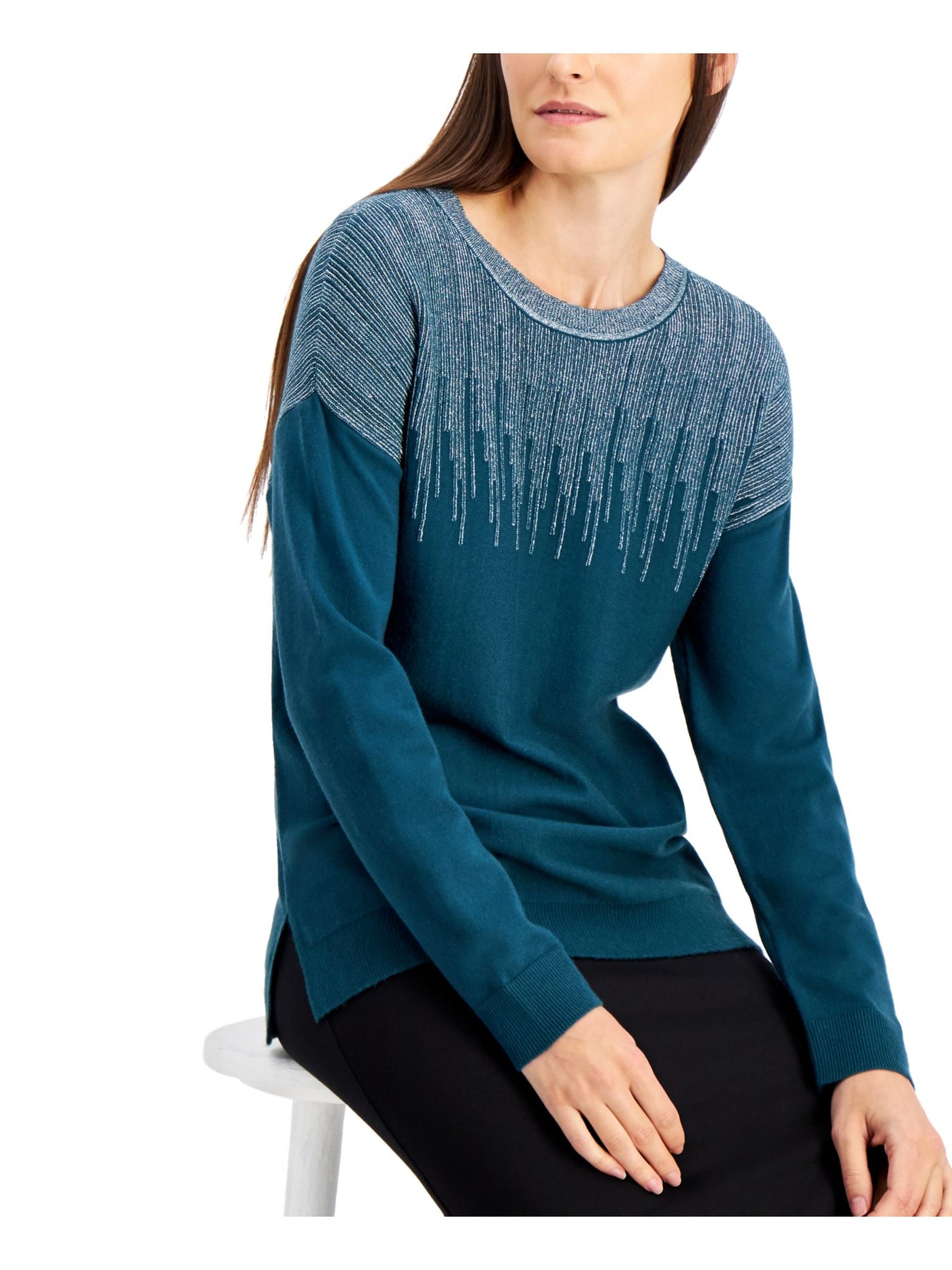 ALFANI Womens Teal Glitter Metallic Printed Long Sleeve Crew Neck Sweater S