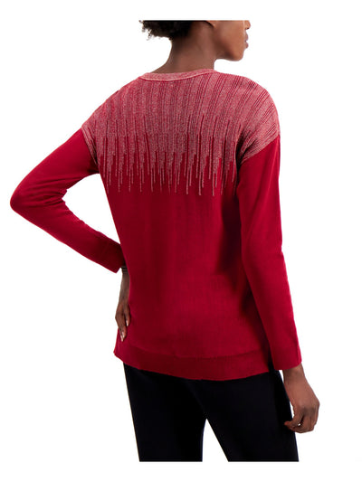 ALFANI Womens Red Glitter Metallic Printed Long Sleeve Crew Neck Sweater S