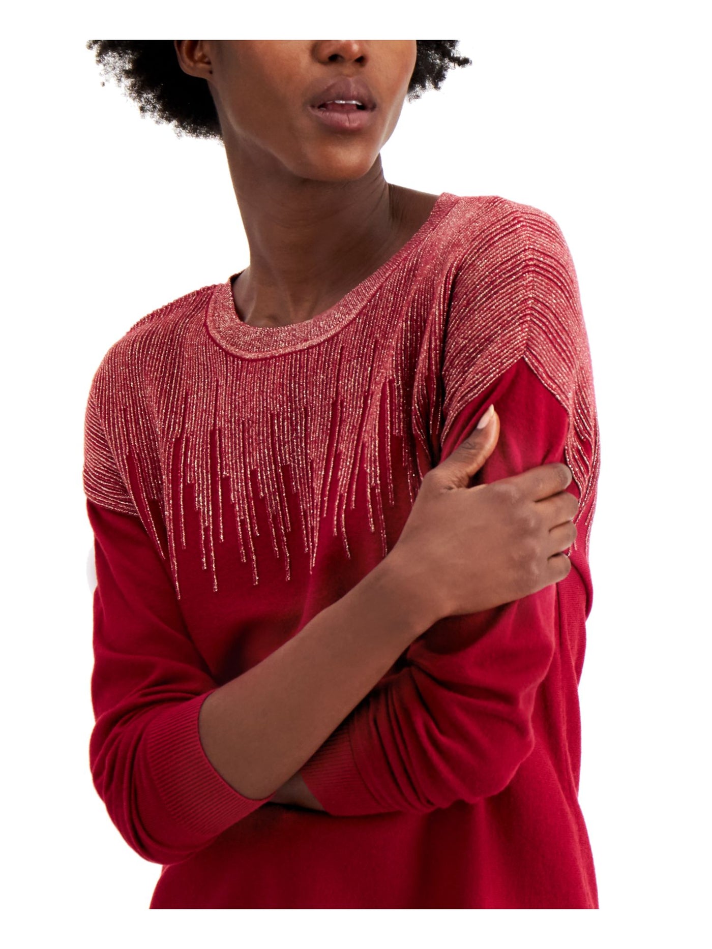 ALFANI Womens Red Glitter Metallic Printed Long Sleeve Crew Neck Sweater S