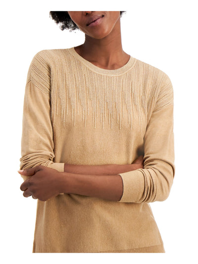 ALFANI Womens Brown Glitter Metalic Pinstripe Long Sleeve Crew Neck Sweater S