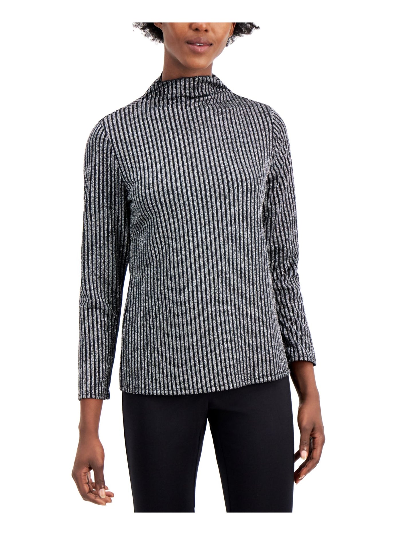 ALFANI Womens Gray Glitter Mock Neck Striped Long Sleeve Top S