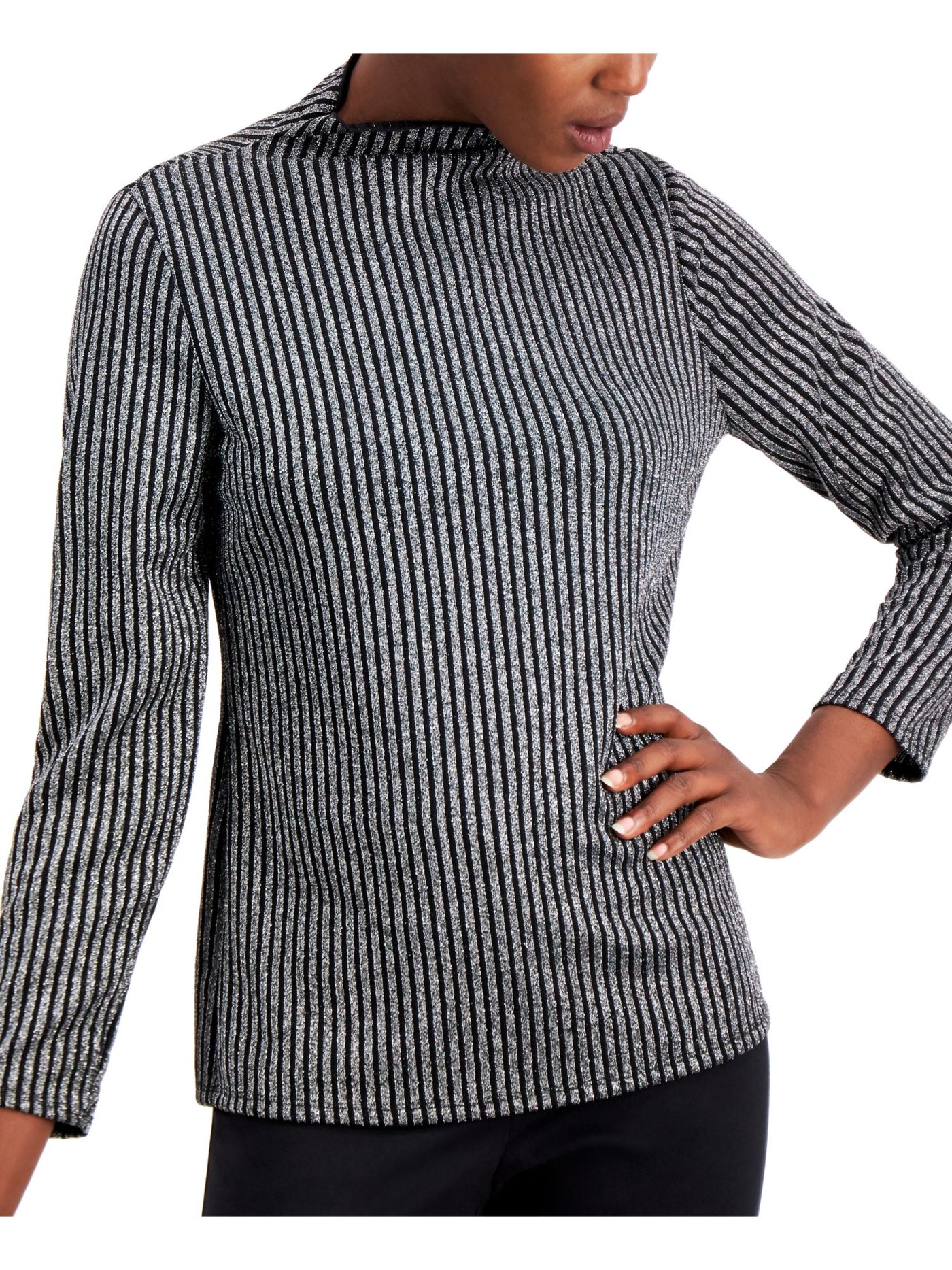 ALFANI Womens Gray Glitter Mock Neck Striped Long Sleeve Top S