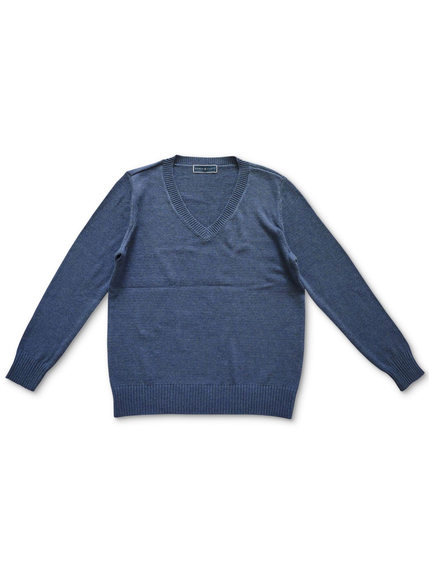 KAREN SCOTT Womens Blue Ribbed Relaxed Fit Long Sleeve V Neck Sweater M