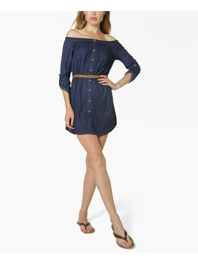 ULTRA FLIRT Womens Blue Belted Off Shoulder Mini Evening Shirt Dress Juniors M