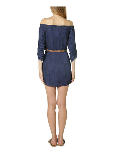ULTRA FLIRT Womens Blue Belted Off Shoulder Mini Evening Shirt Dress Juniors S