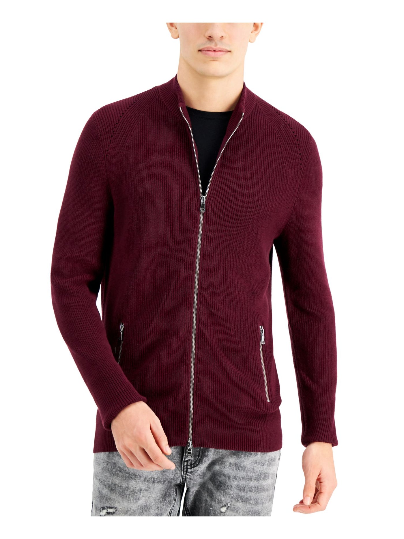 INC Mens Burgundy Full Zip Cardigan Sweater L