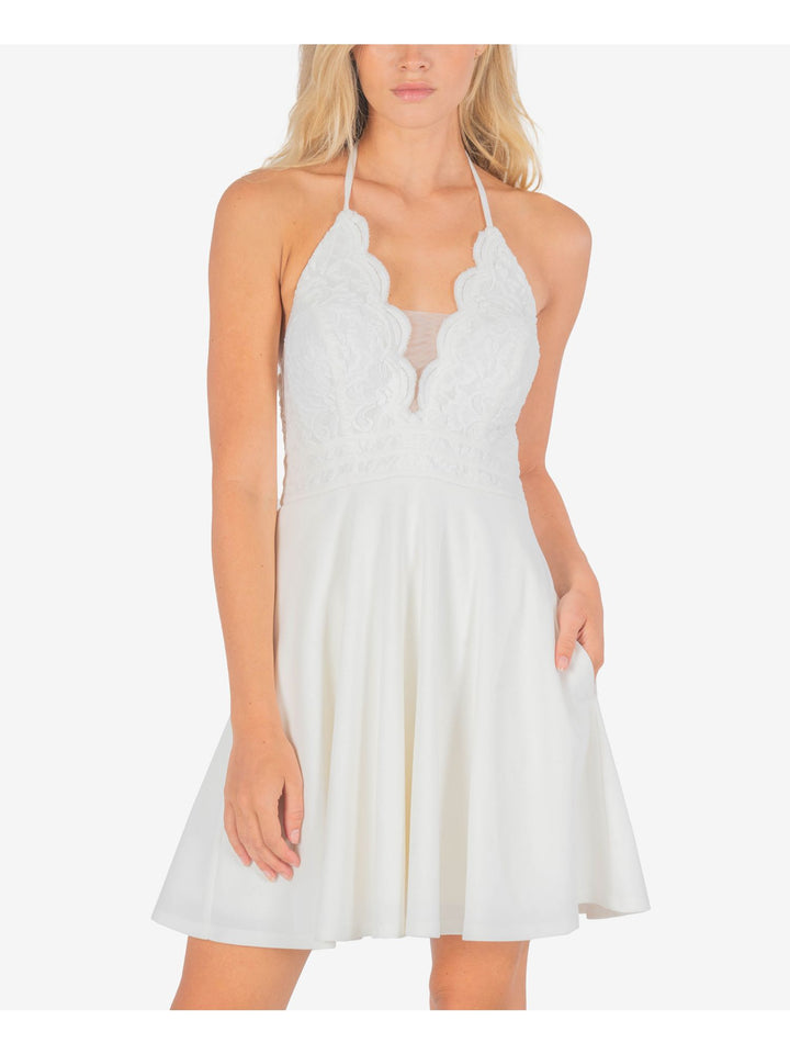 SPEECHLESS Womens Ivory Lace Mesh-inset Sleeveless Tie Neck Short Party Dress SPEECHLESS Womens Ivory Lace Mesh-inset Sleeveless Tie Neck Short Party Dress