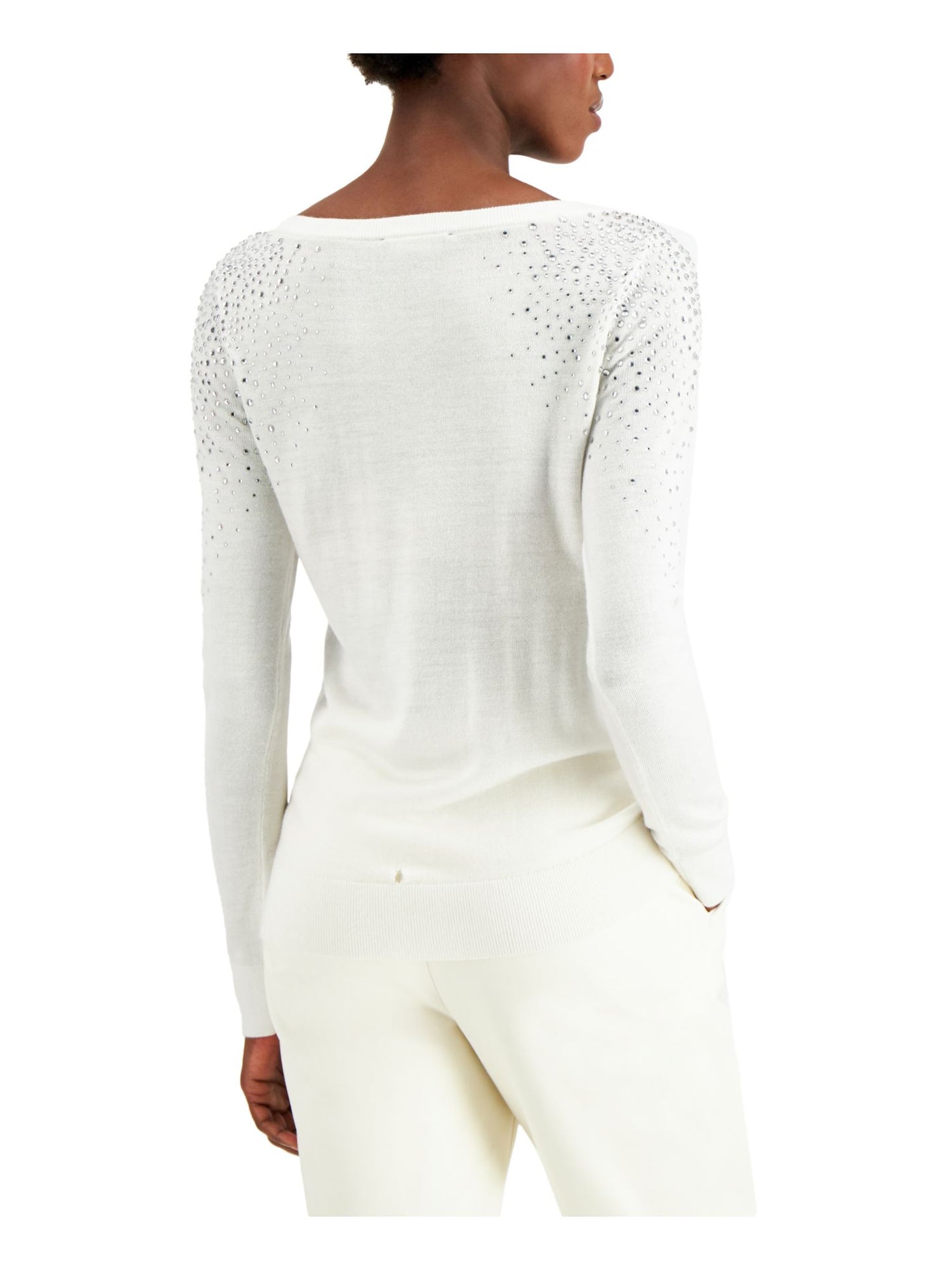 INC Womens Ivory Embellished Rhinestone Relaxed Fit Long Sleeve Crew Neck Sweater M