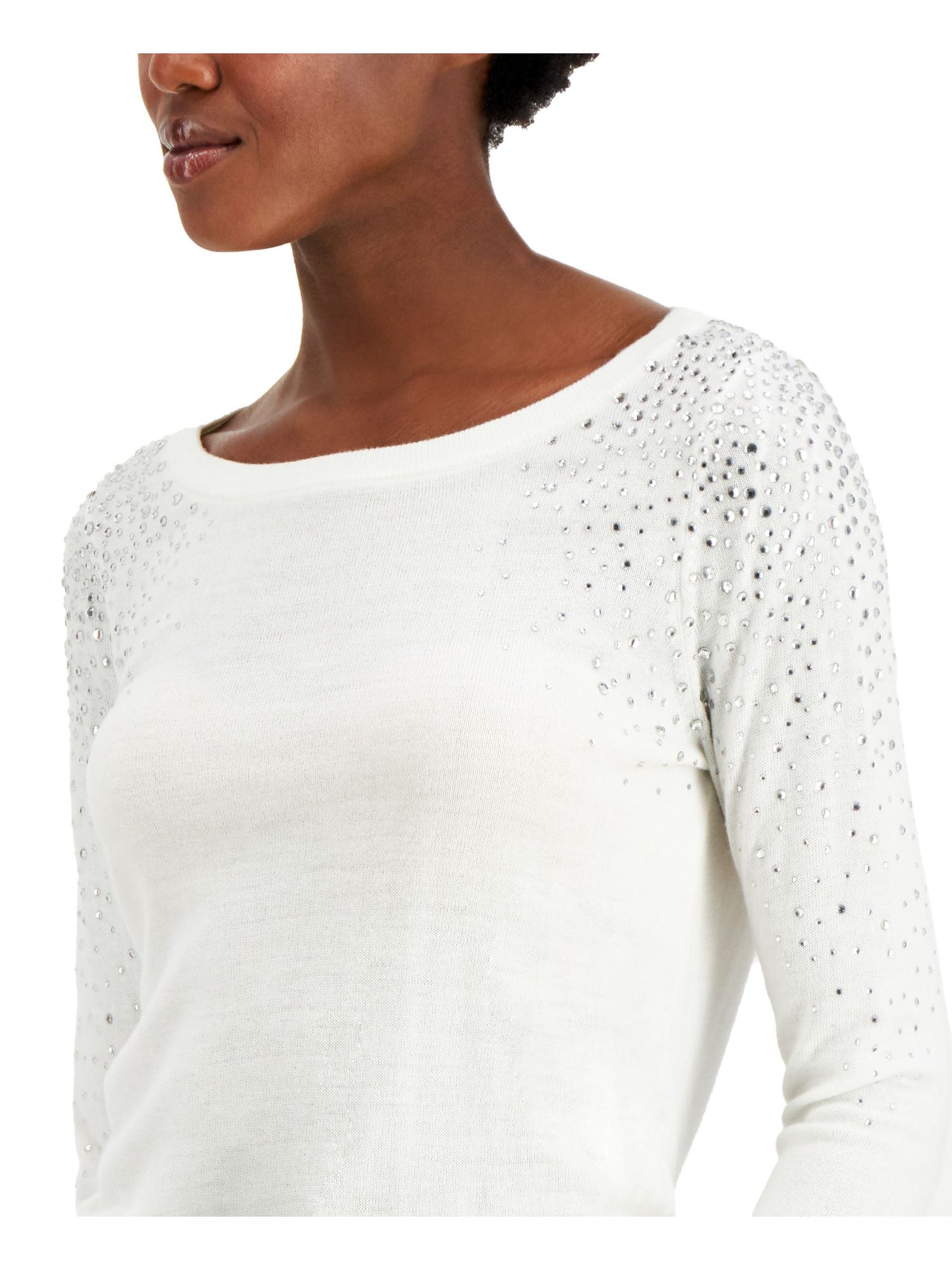 INC Womens Ivory Embellished Rhinestone Relaxed Fit Long Sleeve Crew Neck Sweater M