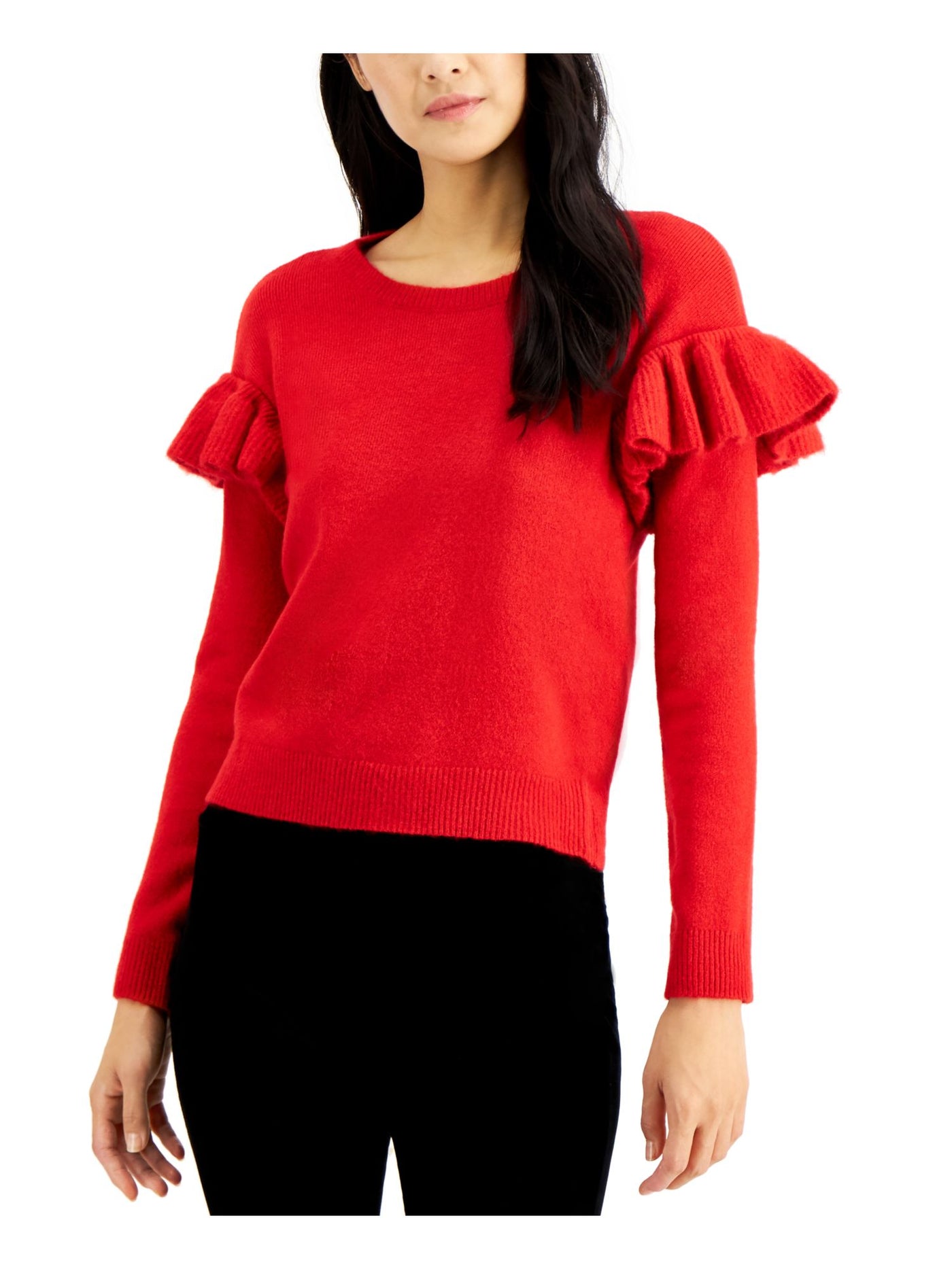 INC Womens Red Ruffled Long Sleeve Crew Neck Sweater M