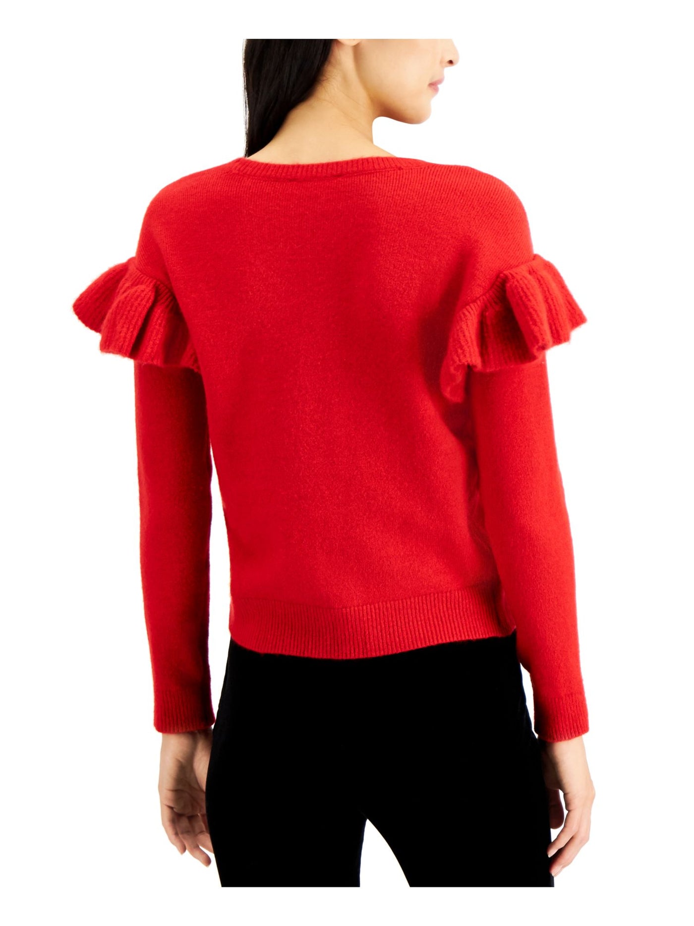 INC Womens Red Ruffled Long Sleeve Crew Neck Sweater S