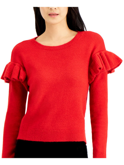 INC Womens Red Ruffled Long Sleeve Crew Neck Sweater XL