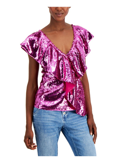 INC Womens Sequined Flutter V Neck Party Top