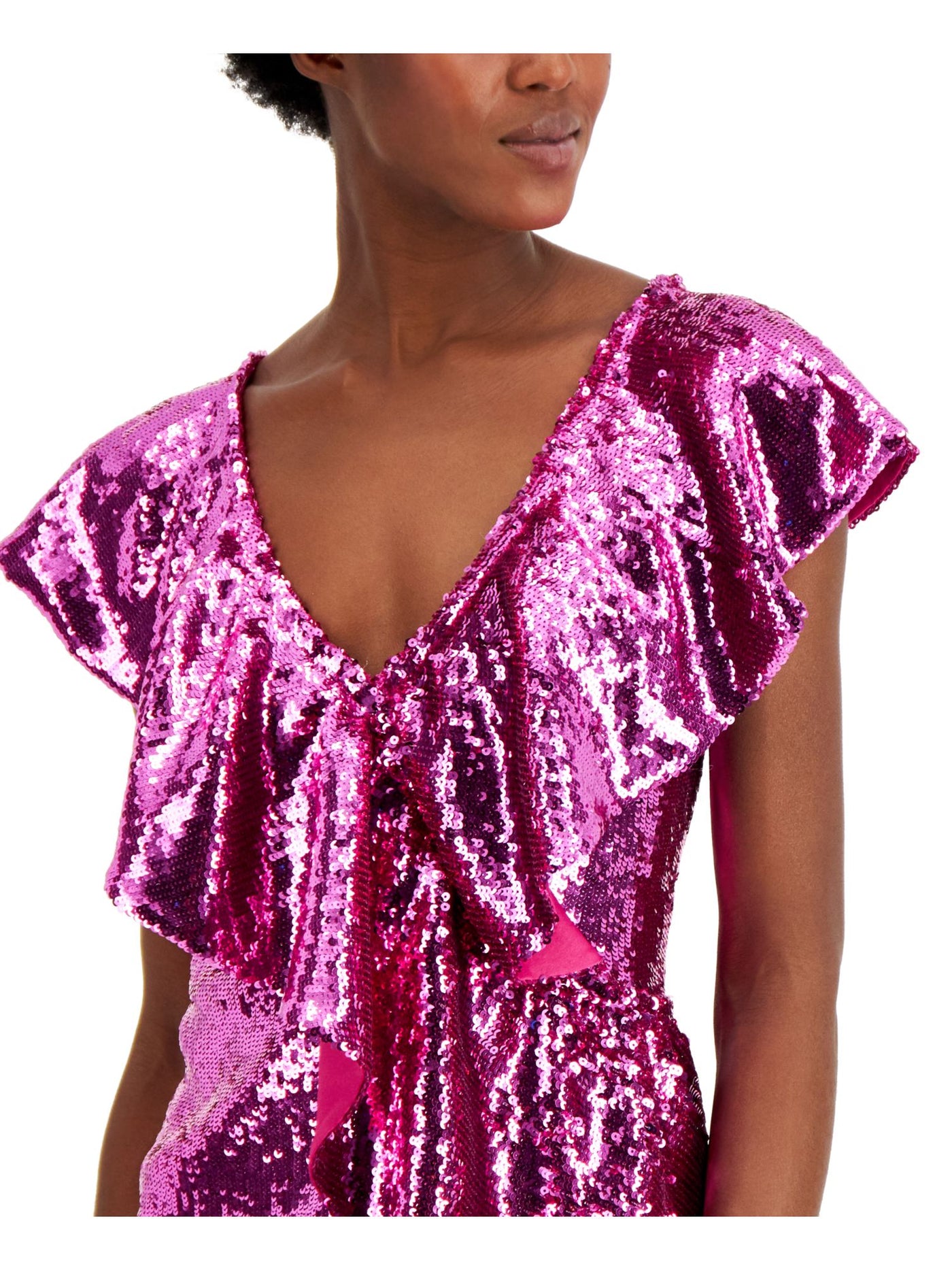 INC Womens Sequined Flutter V Neck Party Top