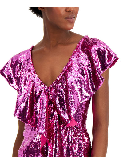 INC Womens Pink Sequined Flutter V Neck Party Top M