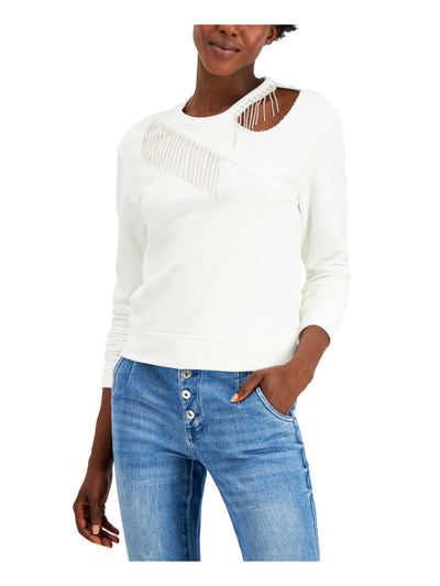 INC Womens Ivory Cut Out Embellished Long Sleeve Crew Neck Top Size: S