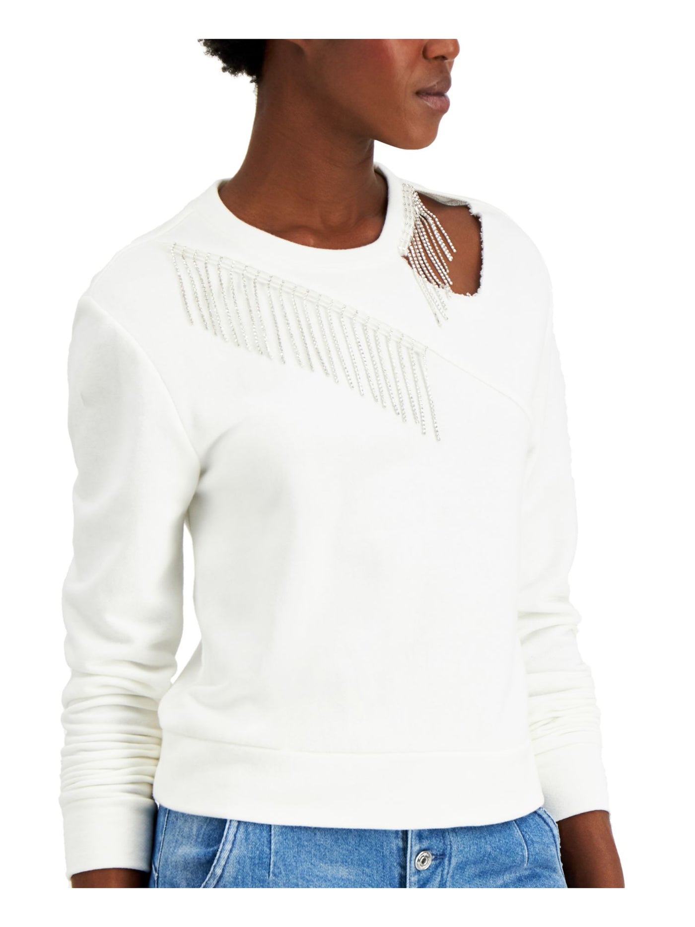INC Womens Ivory Cut Out Embellished Long Sleeve Crew Neck Top Size: S