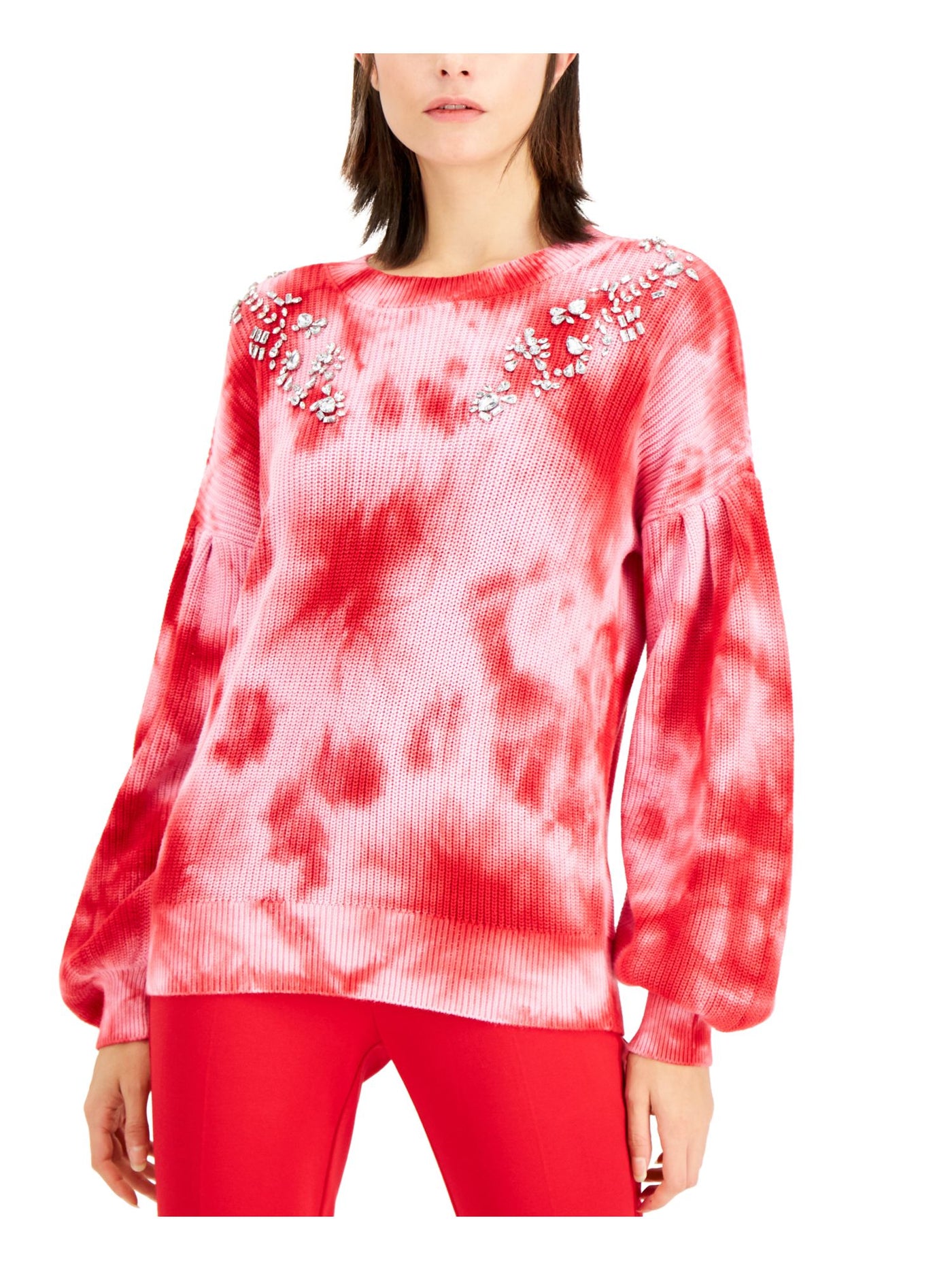 INC Womens Red Tie Dye Long Sleeve Jewel Neck Sweater XS