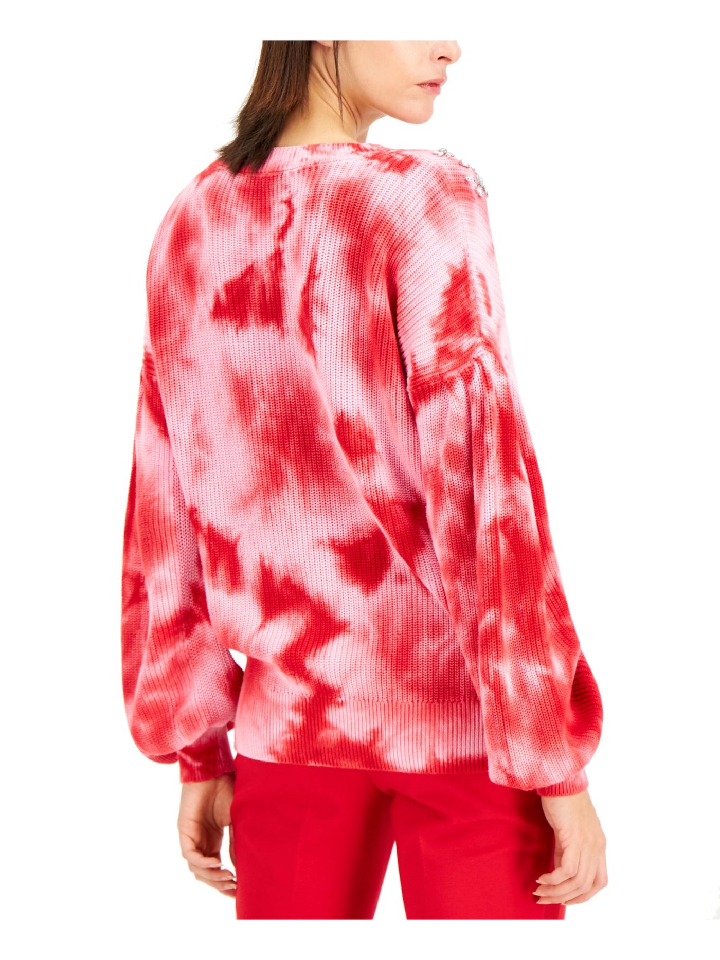 INC Womens Red Tie Dye Long Sleeve Jewel Neck Sweater M