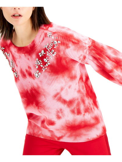 INC Womens Red Tie Dye Long Sleeve Jewel Neck Sweater XS