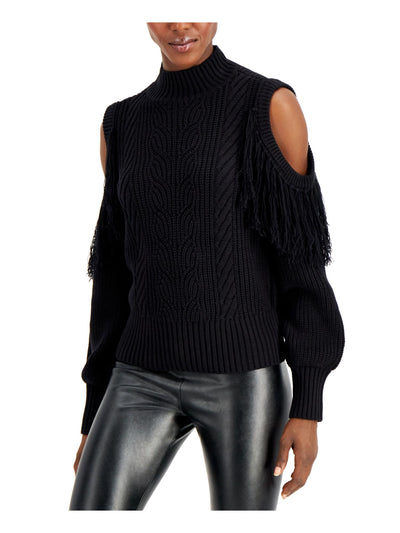 INC Womens Black Cold Shoulder Fringed Mock Neck Cable-knit Long Sleeve Sweater XS