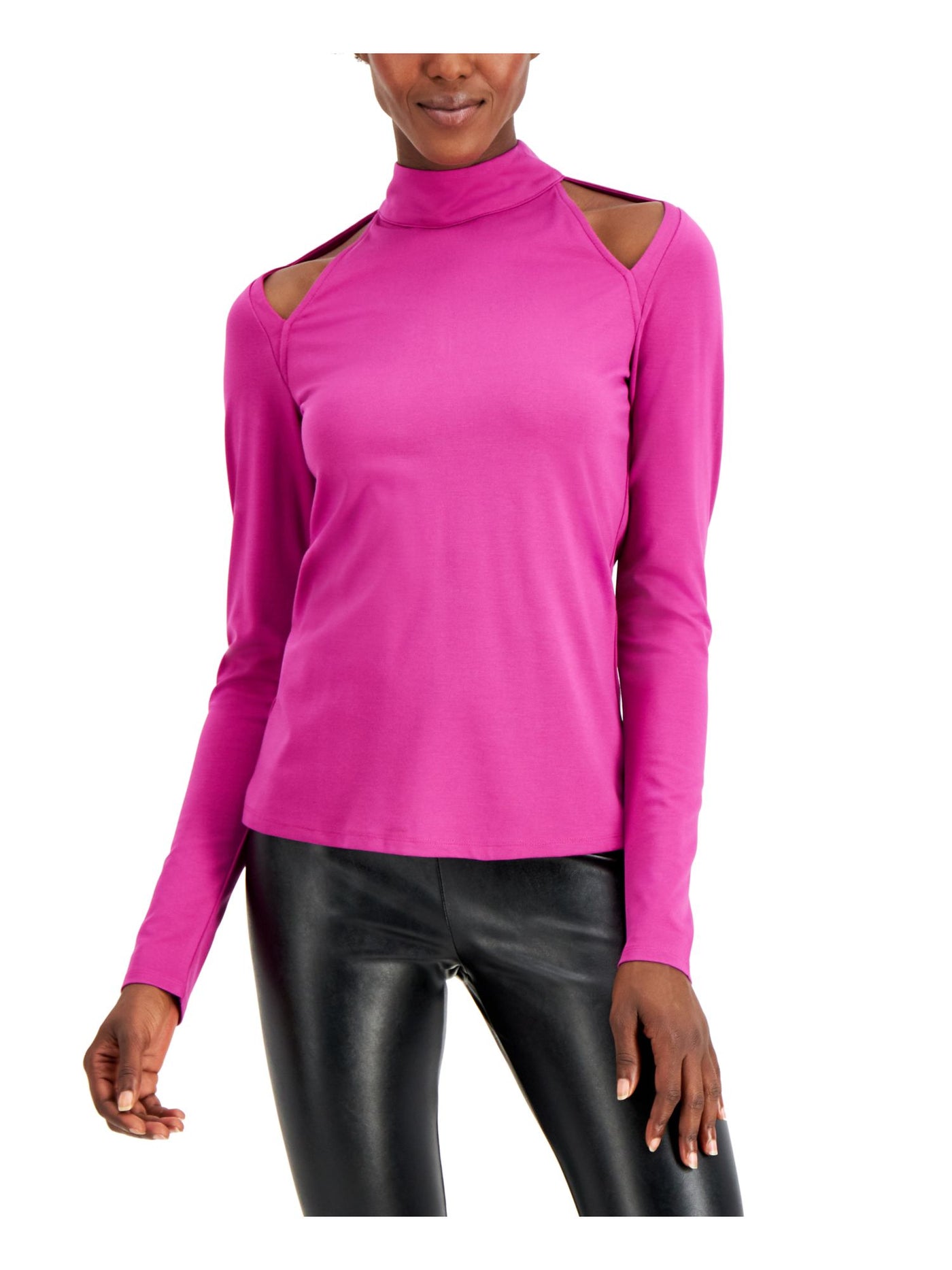 INC Womens Pink Cold Shoulder Zippered Long Sleeve Top S