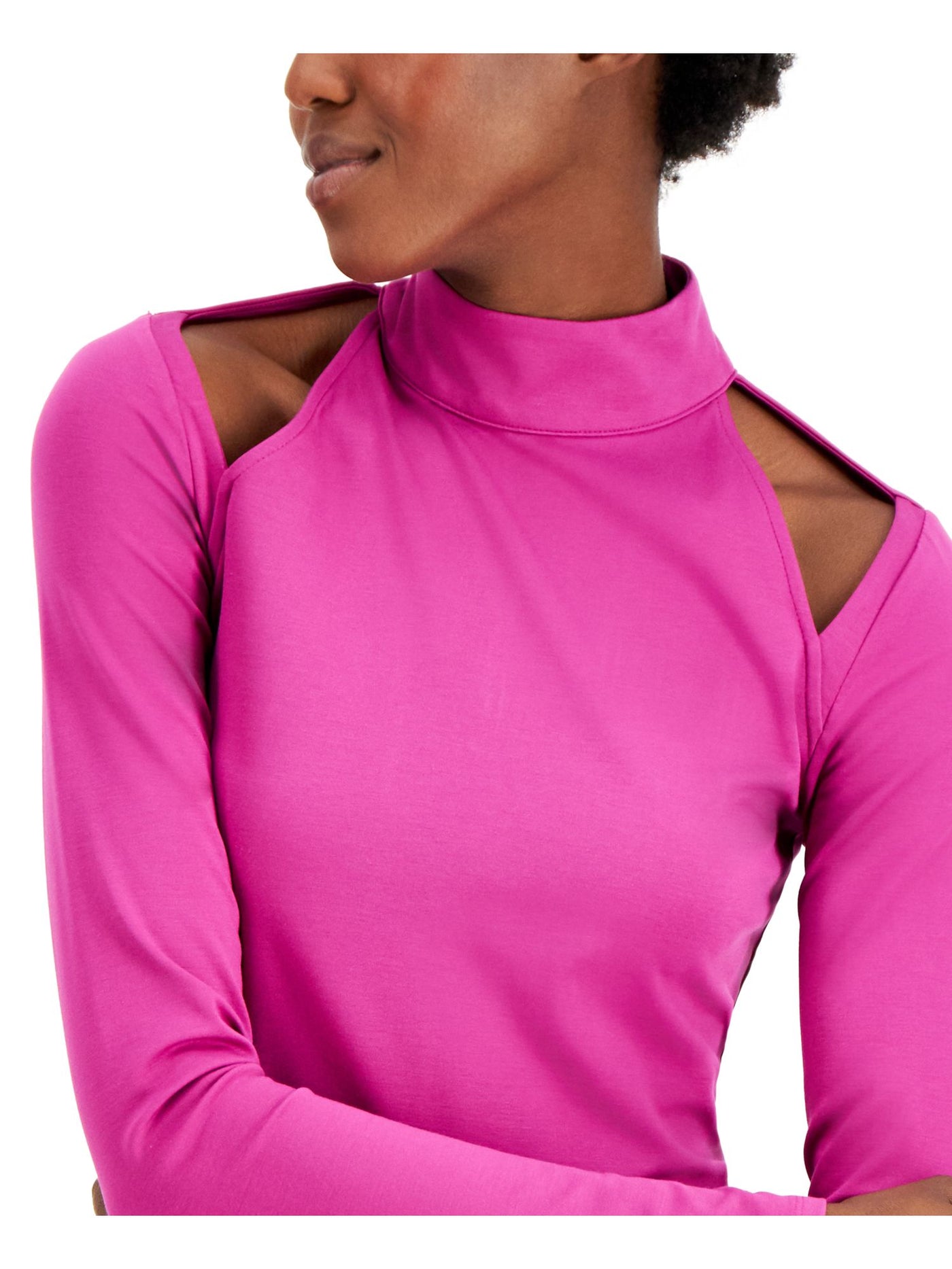 INC Womens Pink Cold Shoulder Zippered Long Sleeve Top S