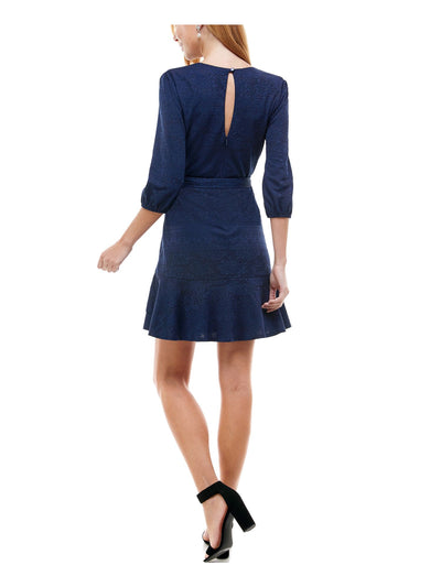 CITY STUDIO Womens Navy Stretch Zippered Belted Ruffled Floral 3/4 Sleeve Surplice Neckline Short Party Faux Wrap Dress 3