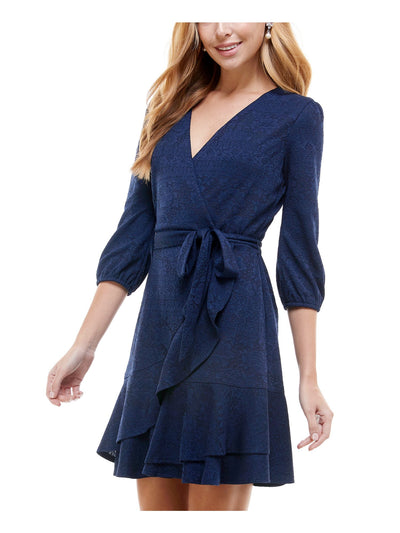 CITY STUDIO Womens Navy Stretch Zippered Belted Ruffled Floral 3/4 Sleeve Surplice Neckline Short Party Faux Wrap Dress 5