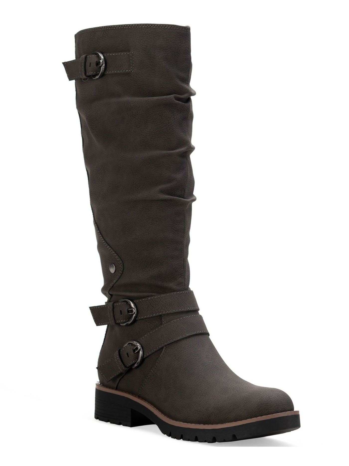 SUN STONE Womens Gray Lug Sole Ruched Buckle Accent Stretch Brinley Round Toe Block Heel Zip-Up Riding Boot 5.5 M