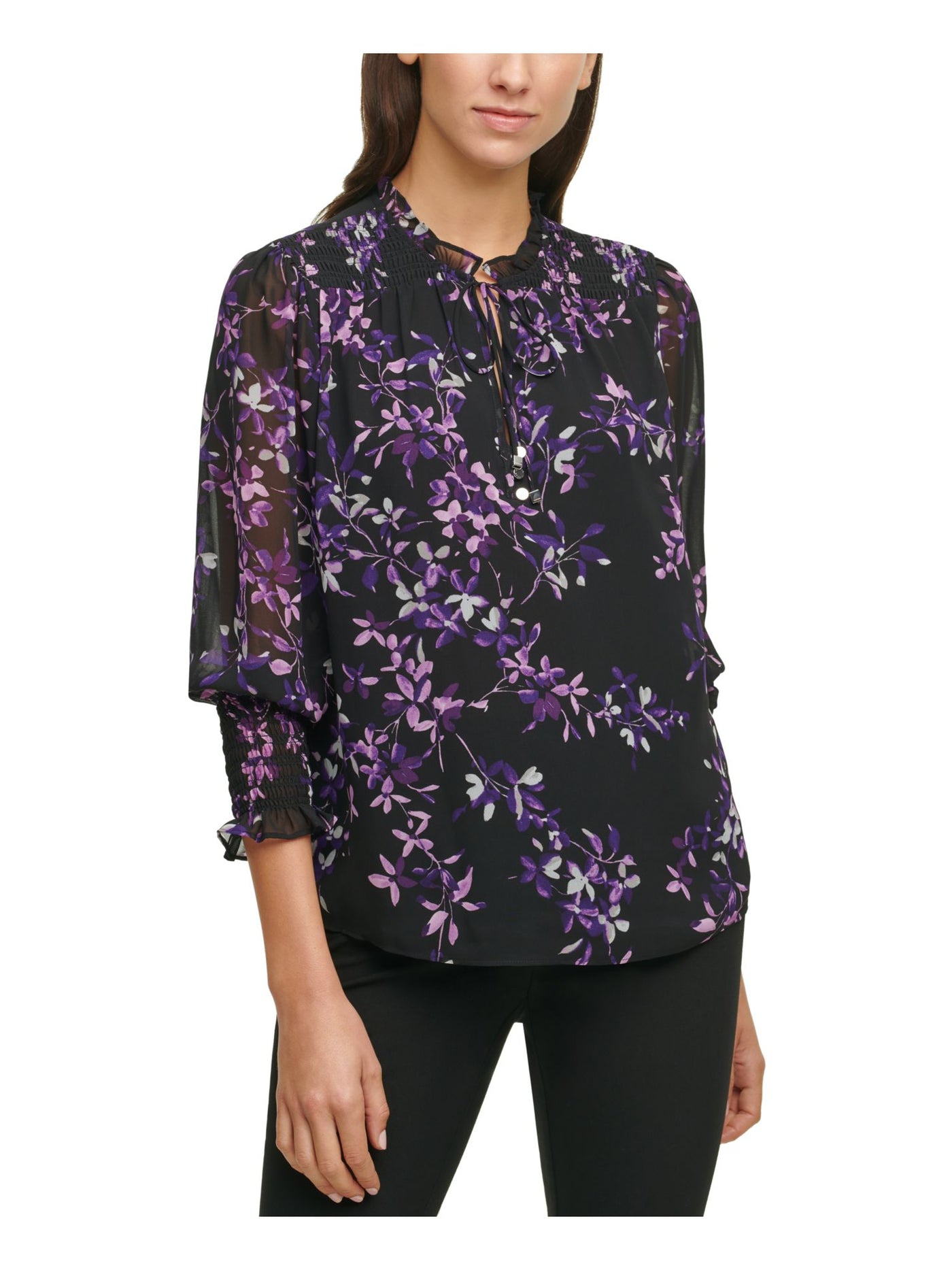 CALVIN KLEIN Womens Black Tie Lined Smocked Cuffs Curved Hem Floral Long Sleeve Split Wear To Work Top M