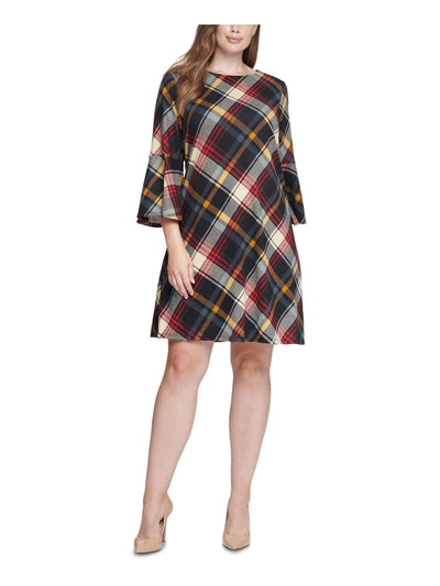 JESSICA HOWARD Womens Red Zippered Plaid Bell Sleeve Round Neck Short Party A-Line Dress 3X