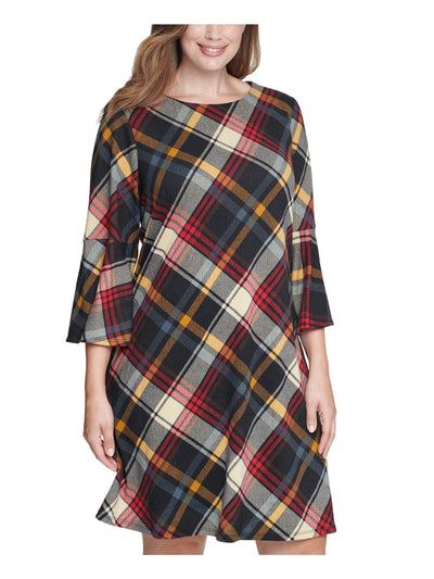 JESSICA HOWARD Womens Red Zippered Plaid Bell Sleeve Round Neck Short Party A-Line Dress 3X