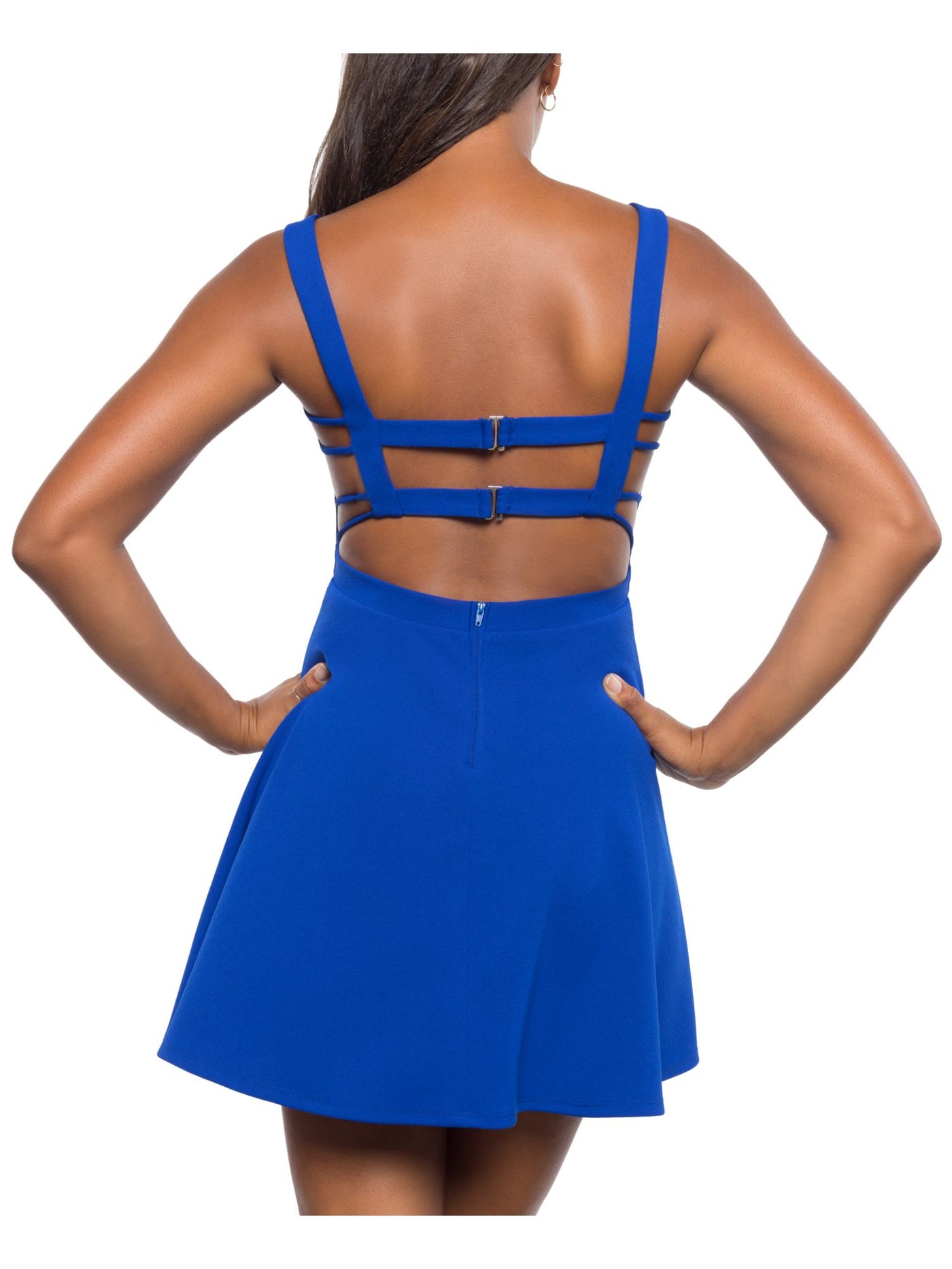 B DARLIN Womens Blue Pleated Semi Open Back Sleeveless Scoop Neck Above The Knee Party A-Line Dress 15\16