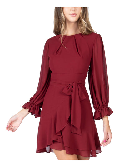 B DARLIN Womens Burgundy Pleated Zippered Asymmetrical Ruffle Skirt Belted Long Sleeve Jewel Neck Short Party Fit + Flare Dress Juniors 3\4