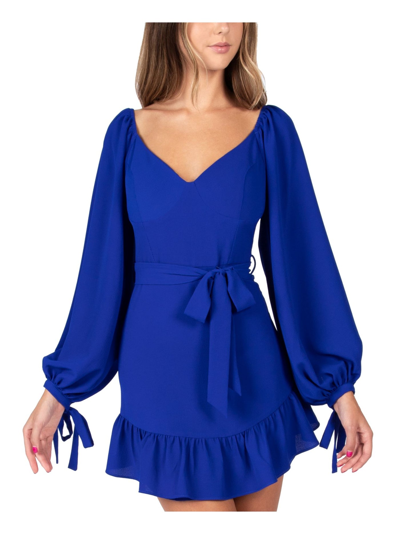 B DARLIN Womens Blue Zippered Ruffled Long Sleeve V Neck Mini Party Fit + Flare Dress Juniors 11\12