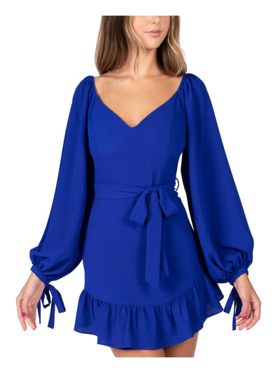 B DARLIN Womens Blue Zippered Ruffled Long Sleeve V Neck Mini Party Fit + Flare Dress Juniors 13\14