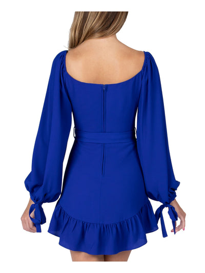 B DARLIN Womens Blue Zippered Ruffled Long Sleeve V Neck Mini Party Fit + Flare Dress 1\2