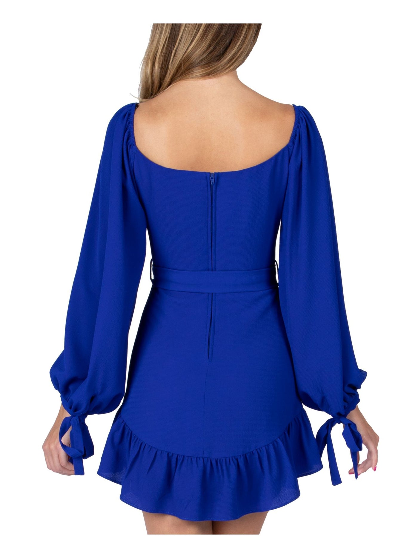 B DARLIN Womens Blue Zippered Ruffled Long Sleeve V Neck Mini Party Fit + Flare Dress Juniors 13\14