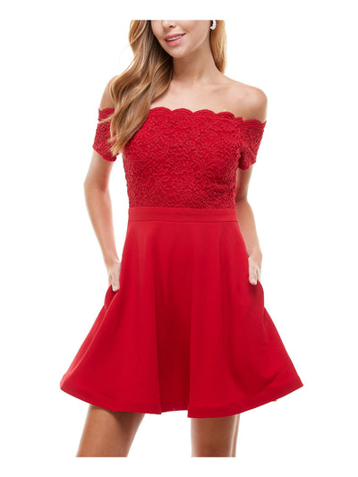 CITY STUDIO Womens Glitter Lace Scalloped Lace-up Short Sleeve Off Shoulder Short Party Fit + Flare Dress