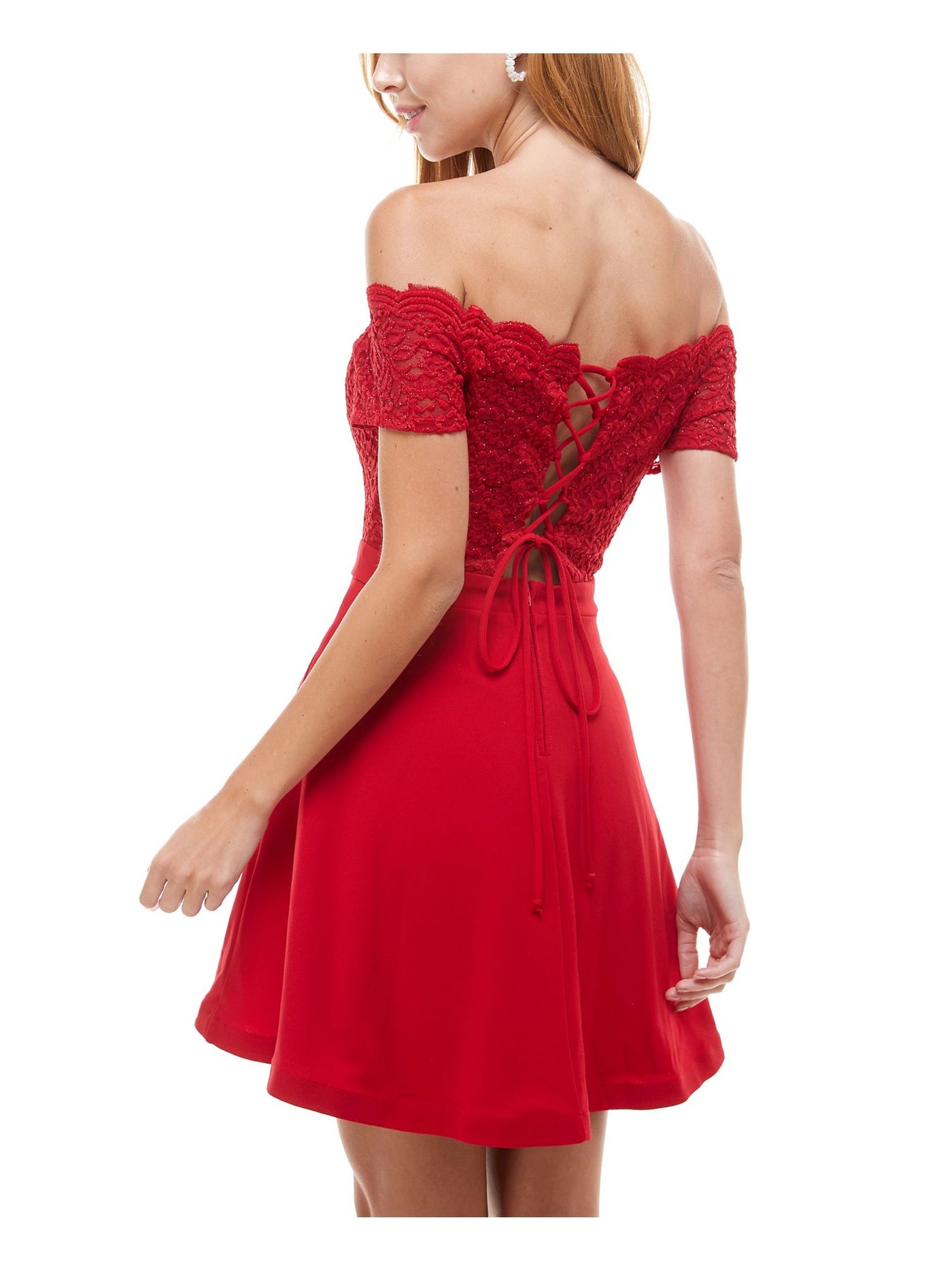 CITY STUDIO Womens Red Glitter Lace Scalloped Lace-up Short Sleeve Off Shoulder Short Party Fit + Flare Dress Juniors 3