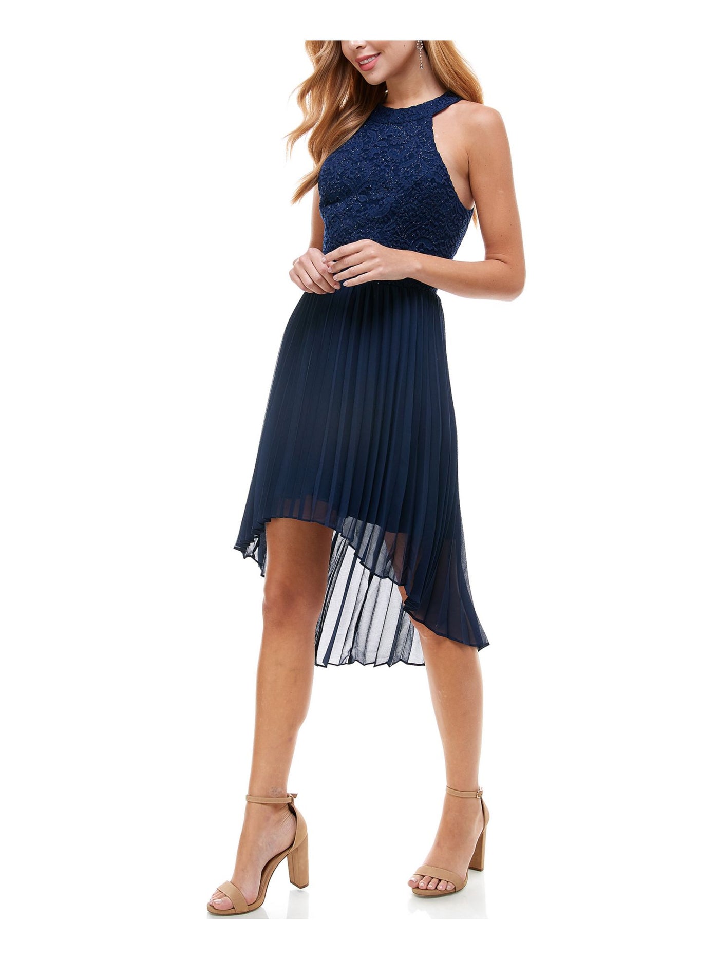 CITY STUDIO Womens Navy Pleated Zippered Glitter Sleeveless Halter Party Hi-Lo Dress 7