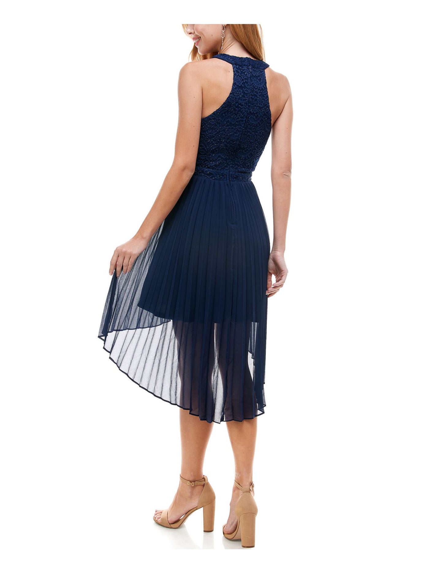 CITY STUDIO Womens Navy Pleated Zippered Glitter Sleeveless Halter Party Hi-Lo Dress 7