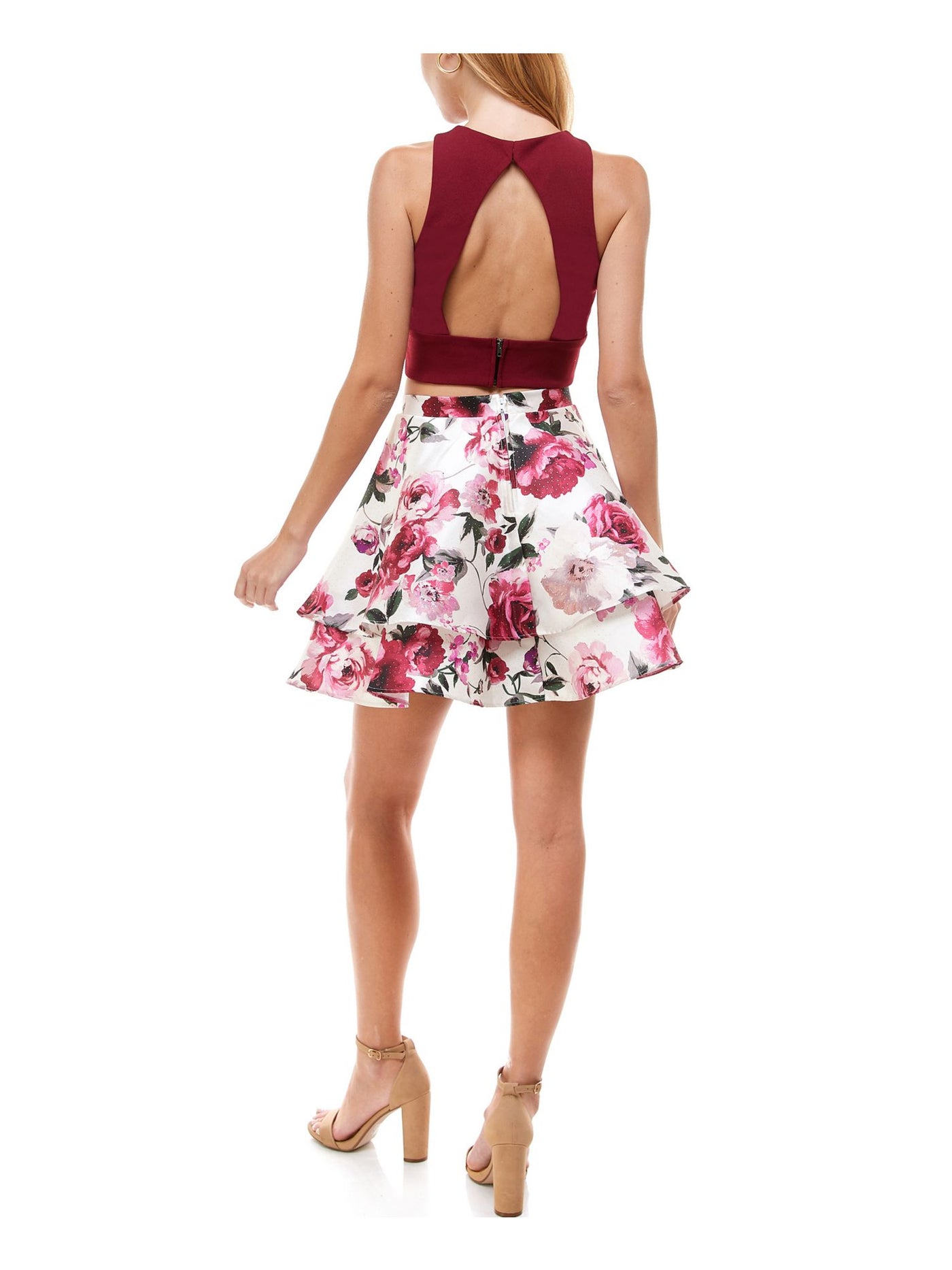 CITY STUDIO Womens Burgundy Floral Sleeveless Jewel Neck Mini Party Fit + Flare Dress 1