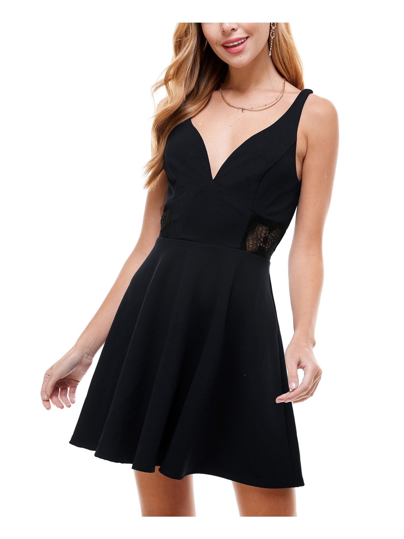 CITY STUDIO Womens Black Lace Sleeveless V Neck Mini Party Fit + Flare Dress Juniors 5