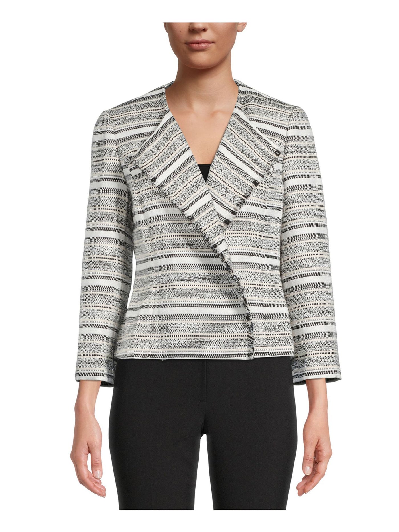 KASPER Womens Gray Fringed Fold Over Collar Striped Wear To Work Blazer Jacket XS